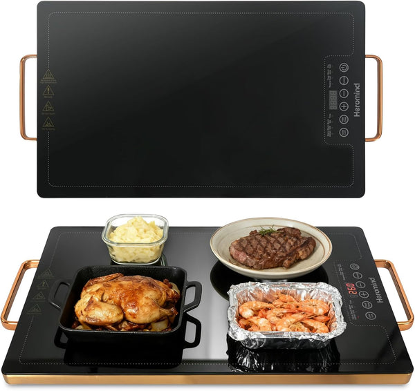 Heromind Electric Warming Tray 20" x 12", Glass-Top Full-Surface Food Warmer with Adjustable