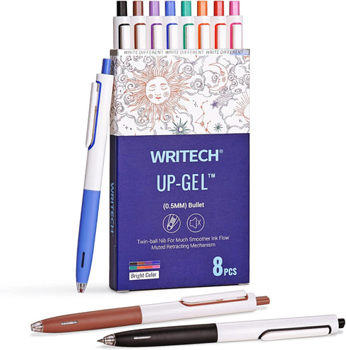 WRITECH Retractable Gel Ink Pens, Multicolor 0.5mm Fine Point, No Smear & Bleed for Journaling, 8ct