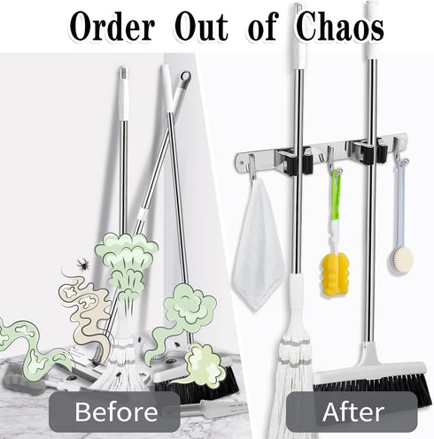 2 Racks and 3 Hooks Broom and Mop Holder Wall Mounted Garage Organizer Storage Tool Racks, Stainless Steel Heavy Duty