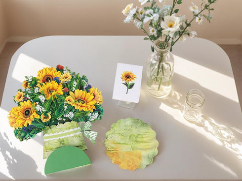 Sharonlily 3D Sunflower Bouquet Greeting Card, Forever flower Pop Up Bouquet Card with Blank Note & Envelope, Handmade