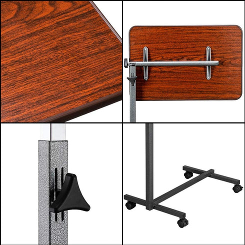 Tilting Bedside Table with Wheels & Brake - Adjustable for Hospital and Home Use, Dark Wood Grain