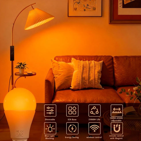 MXhme Bulbs 800LM 9W (60W Bulb,Dim,1800K-6500K,E26,2.4G,Warm Bulb Decor,2Bulb&1Remote Amber Sleep Light with Remote
