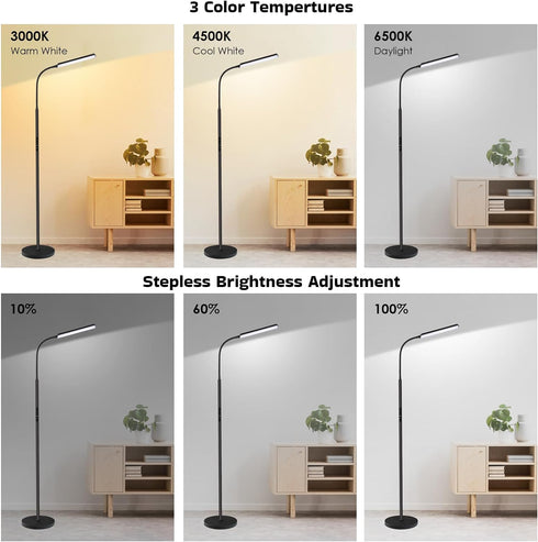 15W 1H 3000K-6000K Dimunt LED Floor Lamp, Bright Floor Lamps for Living Room with Timer, Stepless Adjustable Colors