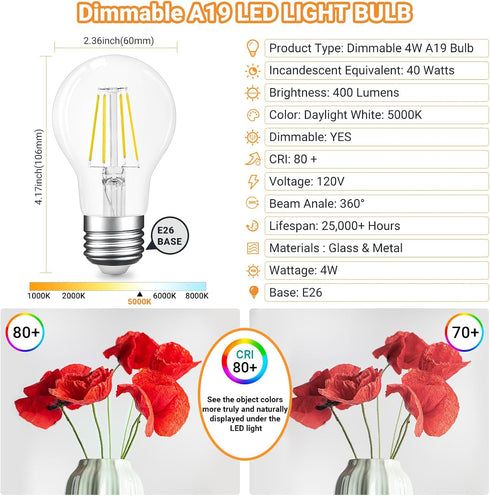 A19 E26 Dimmable Bulb, 4W(40 Dimming Bulbs 400lm, 5000K Bulb 6 Pack Base Edison LED Watt Equivalent) Stepless Light