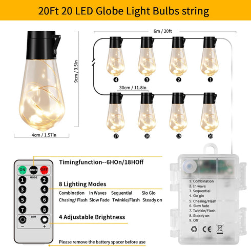 20 Bulb 14FT 100 Bulbs Hanging Battery Operated String Lights, LED Vintage Battery Outdoor Lights, Waterproof Indoor
