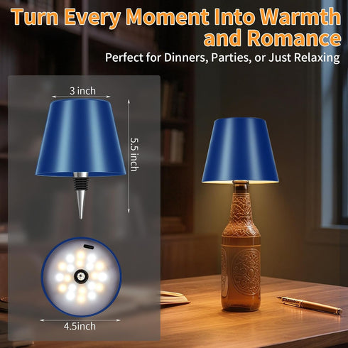 3 Dimmable, 5H 48H Rechargeable Wireless Bottle Lamp - Color Stepless Metallic Blue Lampshade, Bright Light or Soft