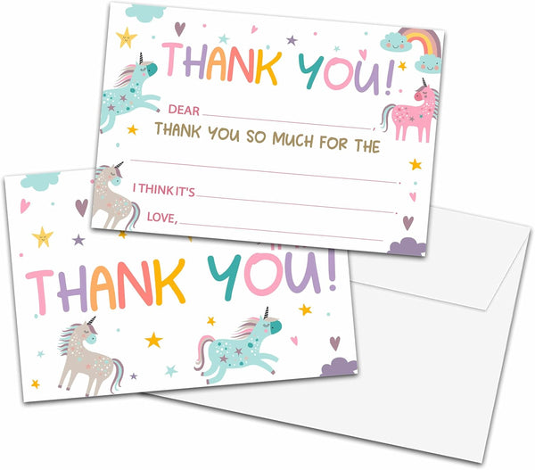 Chuxvon Kids Thank You Cards Fill in the Blank, Magic Unicorn Thank You