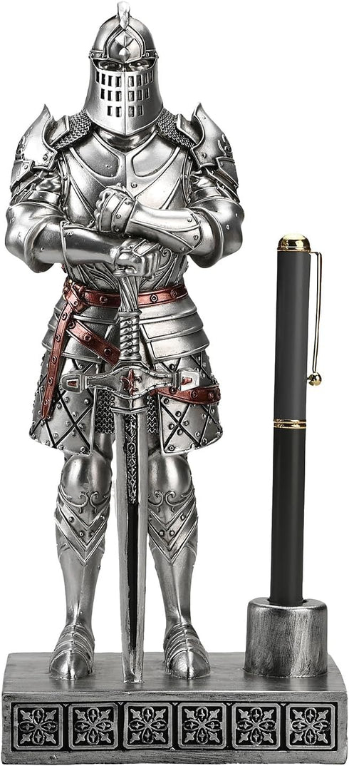 King's Guard Knight Pen Stand Statue - 9.45 Inches Silver Office Desk Organizer for Men, Top Collection Gift