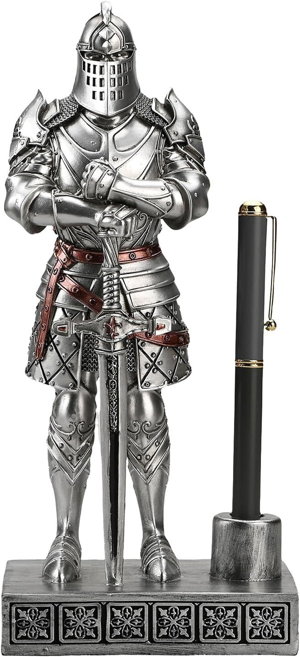 King's Guard Knight Pen Stand Statue - 9.45 Inches Silver Office Desk Organizer for Men, Top Collection Gift