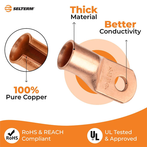 SELTERM 25pcs 4/0 AWG 3/8" Stud Battery Lugs, Heavy Duty Copper Wire Lugs, Electrical Battery Cable Ends
