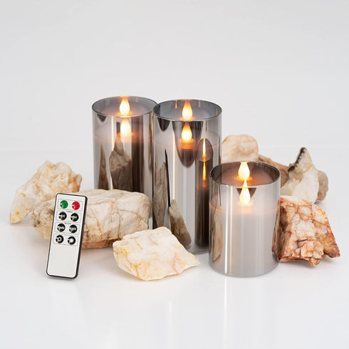 WYZworks Silver Gray Metallic LED Tinted Glass Mirrored Flameless Pillar Candles, Set of 3 with Remote Control