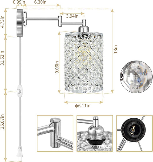 Merlight 1-Light Dimmable E26 67.59 inch Wall Lamp Modern Style Metal Round lampshade Decorative Crystal Base Wall