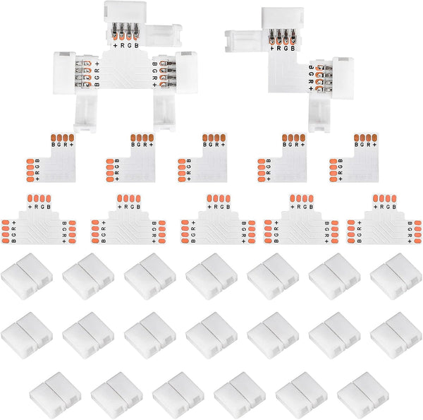 SUPERNIGHT 4Pin LED Light Connectors, 10mm Wide Right Angle Corner T-Shape Adapter for RGB Led Strip Lights