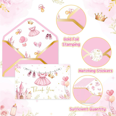 50Pcs BeYumi Princess Baby Shower Thank You Cards with Envelopes Sticker Pink Dress Blank Note Card Greeting Card Bulk