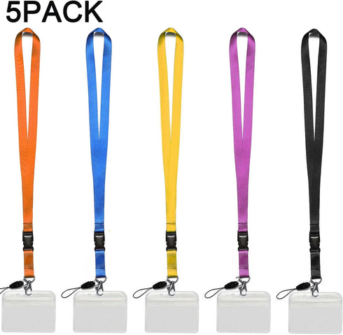 YOUOWO 5Pack Neck Lanyards with Horizontal ID Badge Holder for Office Cruise Badges, Black Blue Yellow Orange Purple