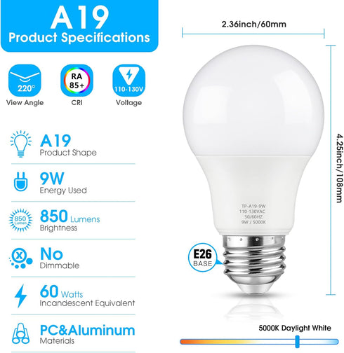 A19 LED Light Bulb, 60 Watt Equivalent LED Bulb, Daylight White 5000K, 850 Lumen, E26 Base, Non-Dimmable, 9W Bright White LED Bulb, 12-Pack by Maylaywood