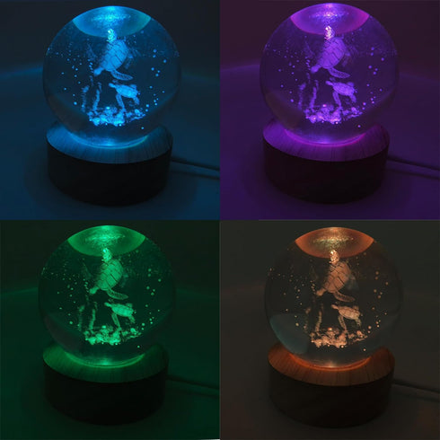 2.36 Inch 3D Sea Turtle Crystal Ball Night Light, Engraved Sea Turtle Crystal Ball lamp with Wooden Base, Turtle Decor