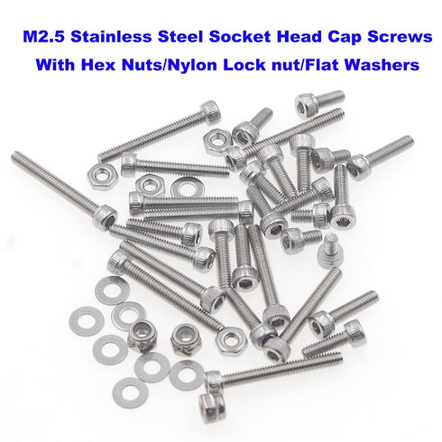 Metric M2.5 Stainless Steel Knurled Socket Head Cap Screws Kit, Screws Lengths from 4mm to 20mm, with Hex Nuts/Nylon