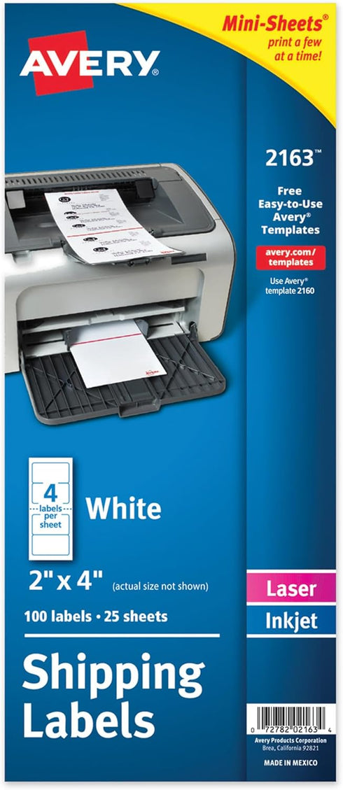 Avery Printable Mini-Sheets Shipping Labels, 2" x 4", White, 100 Blank Stickers, Permanent Adhesive, Laser/Inkjet