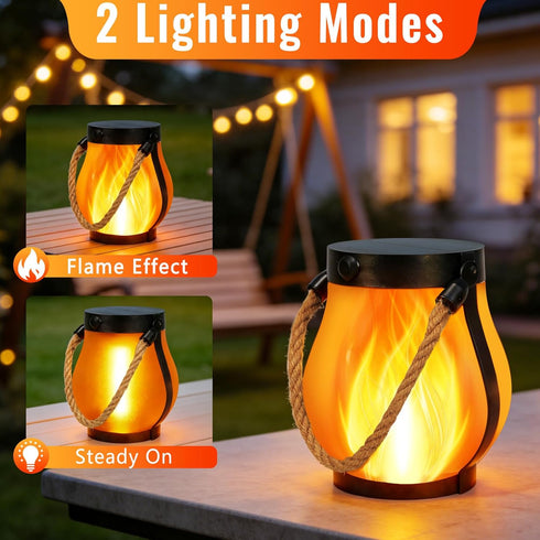 2 Pack 2 Upgraded Solar Lanterns, Solar Lights Outdoor, Solar Flame Lanterns, Lighting Modes & Dual Charging Way USB