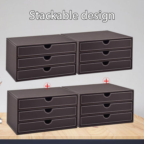 PU Leather Desk Organizer with 3 Drawers, Executive Office Supplies Desktop Filing A4 File Cabinet for Jewelry, Bill,