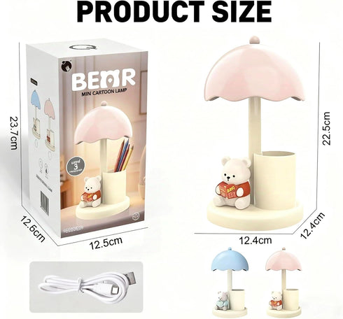 2-in-1 500 Cute Bear Desk Lamp with Pen Holder, Kids Table Lamp Organizer, LED Bedside Lamp with USB Charging Port