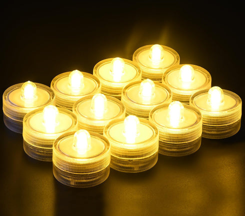 KOABY 12 Pack Warm Yellow Light Submersible LED Lights, Waterproof Flameless Submersible Lights