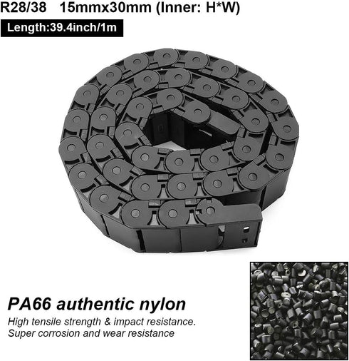 R28/38 Black Plastic Cable Wire Carrier Drag Chain, 15mm x 30mm (Inner H x Inner W), 1M Length for CNC with End