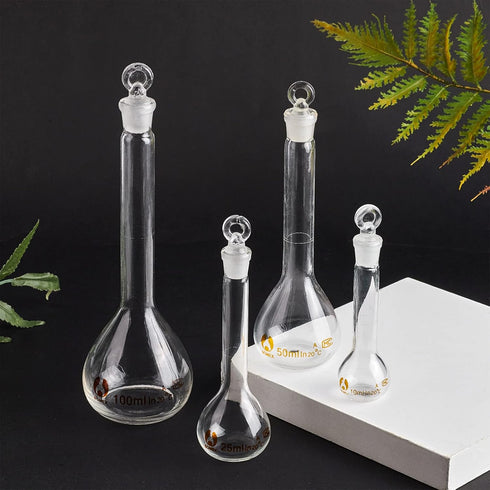 OLYCRAFT 4pcs Volumetric Flask Set, 10ml/25ml/50ml/100ml with Glass Cap for Laboratory Projects