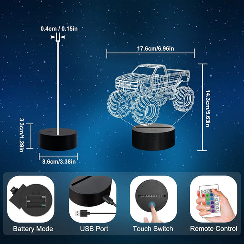 3D 16 Night Lights for Children, Kids Night Lamp, Monster Trucks for Boys, LED Colors Changing Lighting, Car Shape