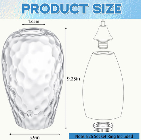 1 Set 9.25" 5.9" E26 Hammer Teenyyou Oval Glass Lamp Shade High x Diameter Glass Pendant Light Fixtures Lampshade