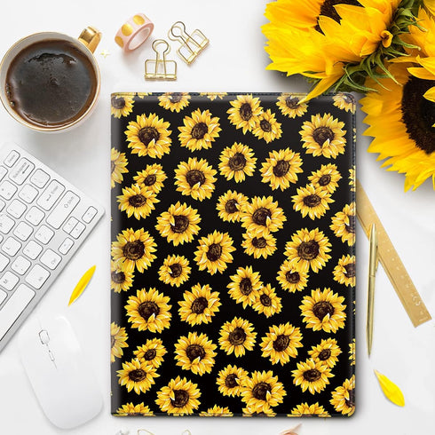 WAVEYU Cute Portfolio Case for Women, Padfolio Cover Folder with A4 Size Clipboard, Business Card Holders, Sunflower