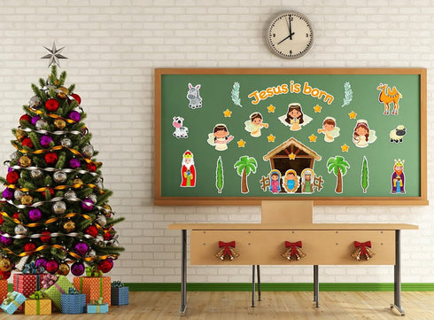 WaaHome Jesus is Born Bulletin Board Decorations Set, 38pcs Nativity Scene Cutouts for Christmas Classroom Decor
