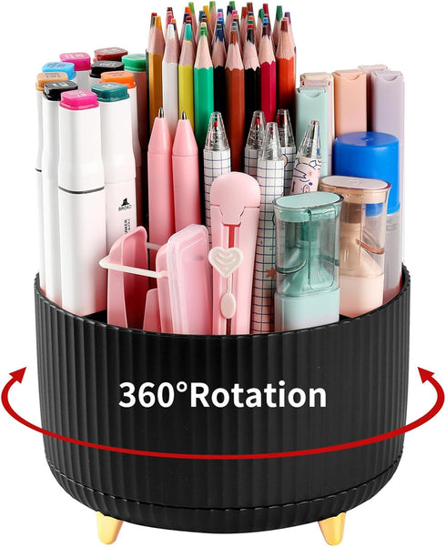 Desk Pencil Pen Holder, 5 Slots 360° Rotating Organizer for Office, School, Home, Art Supplies, Black