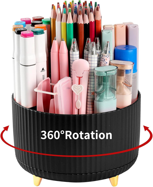 Desk Pencil Pen Holder, 5 Slots 360° Rotating Organizer for Office, School, Home, Art Supplies, Black