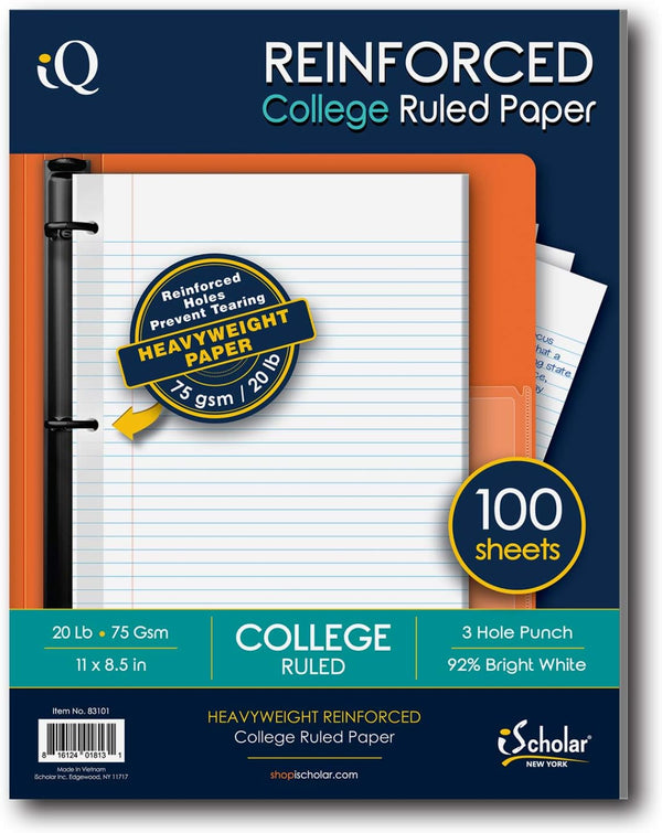 iScholar College Ruled Reinforced Filler Paper, White, 100 Sheets, 9 x 11 Inches (83101)