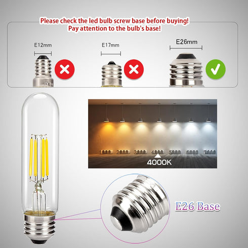 Bulbs 40 4W 400LM 4000K T10 Bulb Dimmable Vanity(6-Pack) Leadleds Tubular LED Edison Watt Equivalent, Daylight, LED