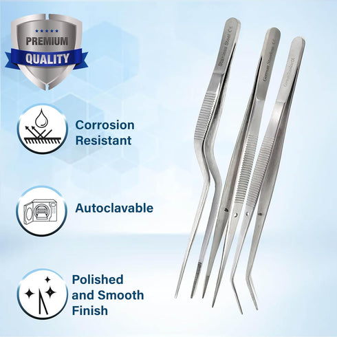 6" (15.2 cm), (6" Set 3pcs) Lab Tweezers High Precision Forceps, Fine Strong Point tweezers, Stainless Steel