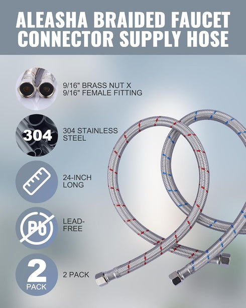 ALEASHA 20 Inch Stainless Steel Faucet Supply Lines, 3/8" x 3/8" FIP Connector, 2Pcs