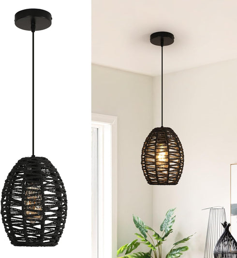 DELIPOP Pendant Light, Hand-Woven Rattan Chandelier, Boho Hanging Light with Adjustable Cord