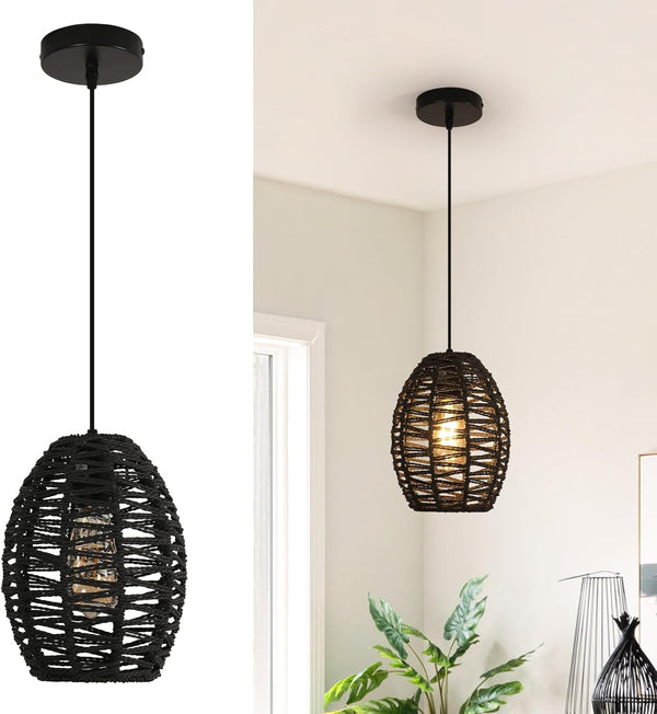 DELIPOP Pendant Light, Hand-Woven Rattan Chandelier, Boho Hanging Light with Adjustable Cord