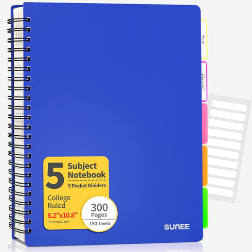 SUNEE 5 Subject Notebook – College Ruled, 300 Pages, 8.2"x10.8", 5 Pocket Colored Dividers, Blue, 3-Hole Punched