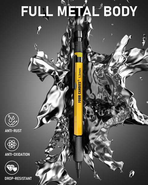 Four Candies 1.3mm Mechanical Pencil Set with Case, Metal Heavy Duty Outdoor Carpenter Pencil with 24 Refills