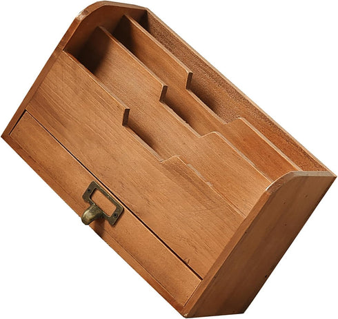 Wooden Desktop Organizer Rack with Drawer for Storing Stamps, Notes, Paper Clips, Scissors