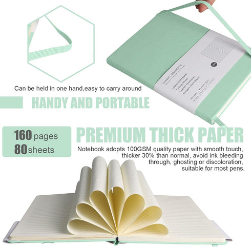 Lined Journal Notebook, Medium 5.7" x 8", 160 Pages, Eggshell Green, Hardcover, 100 gsm Thick Paper