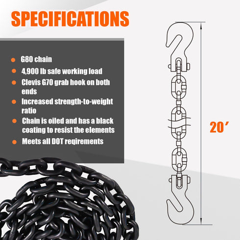 G80 Transport Binder Chain 5/16 Inch x 20 Foot, 4,900 lbs Safe Working Load, Tow Chain with Clevis Grab Hooks