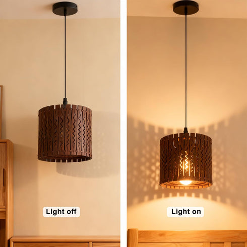 1-Light 7" Farmhouse Rustic Wood Drum Pendant Light, Rural Ceiling Hanging Lamp Lighting Fixture with Lampshade, Boho