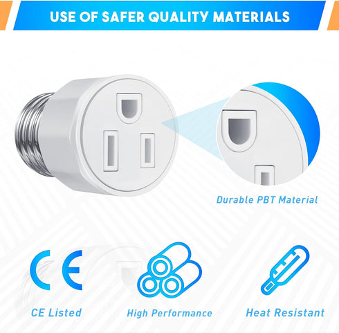E26/E27 3 Prong Light Bulb Socket Adapter, Polarized Light Socket to Plug Converter for Patio, Garage, Porch