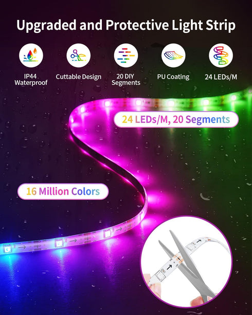 44 RGB+IC LED Strip Lights, Smart LED Light for Bedroom, Color Changing LED Strips with Scene Modes, Segmented Control