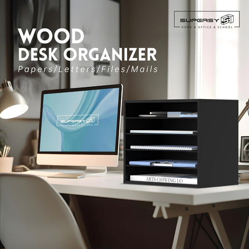 SUPEASY Wood Desk Organizer - 5 Tier Paper File Organizer for Desk, Wooden Desktop Organizer for Office, School, Home